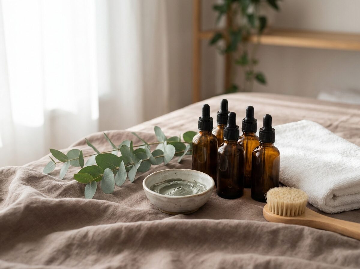 Serums, kleimasker en handdoek klaar voor een behandeling